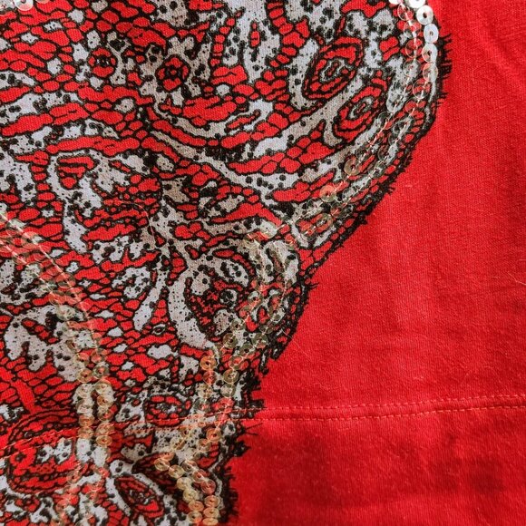Sunset Rd M Red Black Lace Clear Sequins Design Top Blouse Long Sleeve sz M - Picture 8 of 11